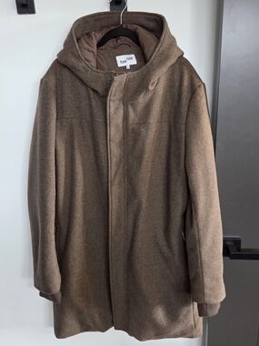 Frank And Oak Wool Blend Hooded Coat Jacket Brown Taupe XL